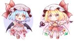  2girls ascot back_bow bat_wings black_wings blonde_hair blue_brooch blue_hair blush bobby_socks bow brooch chibi closed_mouth collared_shirt crystal flandre_scarlet frilled_ascot frilled_shirt_collar frilled_skirt frills full_body hat highres holding holding_polearm holding_weapon jewelry kokochi laevatein_(touhou) large_bow looking_at_viewer mary_janes medium_hair mob_cap multicolored_wings multiple_girls one_side_up open_mouth pigeon-toed pink_headwear pink_shirt pink_skirt polearm red_ascot red_eyes red_footwear red_skirt red_vest remilia_scarlet shirt shoes short_sleeves siblings simple_background sisters skirt skirt_set socks spear_the_gungnir teeth touhou upper_teeth_only vest weapon white_background white_bow white_headwear white_shirt white_socks wings 