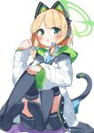  1girl absurdres animal_ear_headphones animal_ears black_thighhighs blonde_hair blue_archive blue_necktie blush cat_ear_headphones chestnut_mouth fake_animal_ears fake_tail green_eyes green_halo halo headphones highres hood hooded_jacket jacket midori_(blue_archive) necktie no_shoes suta0822 tail thigh-highs 