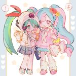  2girls :d aqua_eyes aqua_hair bag beanie blue_hair blue_skirt crepe cushion fairy_miku_(project_voltage) flower food grey_skirt hair_flower hair_ornament hat hatsune_miku headphones holding holding_food leg_warmers long_hair long_sleeves multicolored_hair multiple_girls piano_print pink_eyes pink_footwear pink_hair pink_sweater pleated_skirt polo_shirt ponpul project_voltage psychic_miku_(project_voltage) scrunchie shoulder_bag skirt smile sweater twintails two-tone_hair very_long_hair vocaloid white_footwear white_headwear 