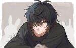  1boy black_hair black_shirt border brown_hair closed_mouth grey_background highres long_sleeves male_focus multicolored_hair orange_eyes scar scar_on_face shirt short_hair slow_damage smile solo towa_(slow_damage) translation_request white_border yumi_(honey) 