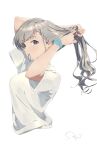  1girl absurdres adjusting_hair blush braid braided_bangs cropped_torso grey_hair highres hisakawa_hayate idolmaster idolmaster_cinderella_girls looking_at_viewer mouth_hold rubber_band sanpo_(sanpo_1027) scrunchie shirt short_sleeves sideways_glance simple_background solo upper_body white_background white_shirt wrist_scrunchie 