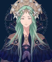  1girl 4ki_ori9 blue_background blue_capelet capelet closed_mouth commentary_request dress fire_emblem fire_emblem:_three_houses flower green_eyes green_hair hair_flower hair_ornament half-closed_eyes hat highres lips long_hair long_sleeves looking_at_viewer own_hands_together pink_lips rhea_(fire_emblem) simple_background solo twitter_username very_long_hair white_dress white_flower 