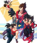  black_hair blue_eyes blue_sash blue_wristband closed_mouth dougi dragon_ball dragon_ball_gt dragon_ball_heroes gloves long_hair male_focus monkey_boy monkey_tail multiple_boys muscular muscular_male ommmyoh open_mouth pants red_fur saiyan sash smile son_goku son_goku_(xeno) spiky_hair super_saiyan super_saiyan_4 tail time_patrol_(dragon_ball) twitter_username vegeta vegeta_(xeno) yellow_pants 