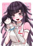 1girl :d apron bandaged_arm bandages blush breasts character_doll collared_shirt danganronpa_(series) danganronpa_2:_goodbye_despair doll flying_sweatdrops heart highres holding holding_doll large_breasts long_hair looking_at_viewer mole mole_under_eye mozuku_(iiiiiiimomo) outline pink_background pink_eyes pink_shirt puffy_short_sleeves puffy_sleeves shirt short_sleeves smile solo teeth tsumiki_mikan two-tone_shirt upper_body upper_teeth_only white_apron white_outline 