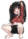  1girl arm_behind_head arm_up barefoot bike_shorts black_shorts comodomodo feet hair_bobbles hair_ornament hand_in_own_hair long_hair looking_at_viewer midriff navel open_mouth original red_eyes red_shirt shirt shorts solo squatting thighs toes 