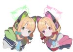  2girls :&lt; animal_ear_headphones animal_ears blonde_hair blue_archive blue_necktie blush bow closed_mouth collared_shirt fake_animal_ears green_bow green_eyes green_halo hair_bow halo headphones jacket looking_at_viewer midori_(blue_archive) momoi_(blue_archive) multiple_girls necktie new_ma parted_lips pink_eyes pink_halo red_bow shirt short_hair siblings simple_background sisters twins two-sided_fabric two-sided_jacket upper_body white_background white_jacket white_shirt 