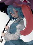  1girl atory blue_eyes blue_hair closed_mouth commentary_request grey_background hair_between_eyes heterochromia highres holding holding_umbrella juliet_sleeves long_sleeves looking_at_viewer puffy_sleeves purple_umbrella red_eyes short_hair simple_background smile solo tatara_kogasa tongue tongue_out touhou umbrella white_background 