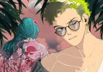  1boy 1girl absurdres aqua_hair back clouds cloudy_sky earrings evening flower full_moon glasses green_hair hair_flower hair_ornament hair_stick highres japanese_clothes jewelry kouzuki_hiyori leaf long_hair looking_at_viewer moon one_eye_closed one_piece outdoors roronoa_zoro scar scar_across_eye scar_on_chest scar_on_face short_hair single_earring sky teeth traditional_clothes ugh_mei 