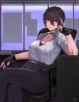  1girl belt belt_collar black_gloves black_hair breasts chair collar fingerless_gloves gloves hair_between_eyes highres hunyan looking_at_viewer original pants shirt short_hair sitting solo white_shirt 