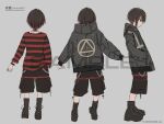  1boy black_footwear black_hair black_shorts boots bracelet cargo_shorts chain commentary_request expressionless from_side grey_background hand_in_pocket hands_in_pockets highres jewelry long_sleeves male_focus mashiro_(nijisanji) multicolored_hair multiple_views nadegata nijisanji official_art profile redhead reference_sheet short_hair shorts simple_background sketch sleeves_past_wrists spiked_bracelet spikes streaked_hair translation_request variations virtual_youtuber 