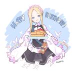  1girl :d abigail_williams_(fate) abigail_williams_(festival_outfit)_(fate) blonde_hair blue_background blue_eyes blush box fate/grand_order fate_(series) food forehead fruit gift gift_box happy_birthday head_tilt highres holding holding_tray keyhole kuzumochi_(kuzumochiya) long_hair long_sleeves pancake pancake_stack parted_bangs puffy_long_sleeves puffy_sleeves sidelocks signature sleeves_past_fingers sleeves_past_wrists smile solo strawberry stuffed_animal stuffed_toy syrup teddy_bear tray two-tone_background very_long_hair white_background 