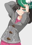 1girl absurdres black_hair blush buttons cardigan closed_mouth collared_dress cosplay dress gloria_(pokemon) gloria_(pokemon)_(cosplay) green_eyes green_headwear grey_cardigan hands_on_headwear hat highres marnie_(pokemon) negimiso1989 pink_dress pokemon pokemon_(game) pokemon_swsh simple_background solo tam_o&#039;_shanter