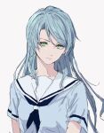  1girl aqua_hair bang_dream! blue_neckerchief blue_shirt breasts closed_mouth commentary_request green_hair hair_between_eyes hanasakigawa_school_uniform hikawa_sayo long_hair looking_at_viewer neckerchief sailor_collar school_uniform sen&#039;yuu_yuuji serafuku shirt short_sleeves simple_background small_breasts solo summer_uniform upper_body white_background white_sailor_collar 