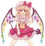  1girl ascot blonde_hair collared_shirt crystal fang feet_out_of_frame flandre_scarlet frilled_ascot frilled_shirt_collar frilled_skirt frilled_sleeves frilled_vest frills hat head_tilt highres holding holding_polearm holding_weapon imamiyajet laevatein_(tail) looking_at_viewer medium_hair mob_cap multicolored_wings open_mouth polearm puffy_short_sleeves puffy_sleeves red_eyes red_skirt red_vest shirt short_sleeves skirt skirt_set solo tail teeth touhou upper_teeth_only vest weapon white_background white_headwear white_shirt wings yellow_ascot 
