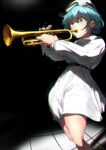  1girl absurdres belt black_background blue_eyes blue_hair brown_belt collared_dress commentary_request dress feet_out_of_frame hair_between_eyes hat highres holding holding_instrument instrument long_sleeves medium_bangs merlin_prismriver motion_blur music open_mouth playing_instrument short_hair solo sotatsudraw touhou trumpet white_dress white_headwear 
