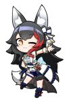 1girl ;3 animal_ear_fluff animal_ears back_bow beckoning black_hair blue_shorts blue_skirt bow bowtie chibi closed_mouth flipped_hair hand_on_own_hip highres hololive hololive_idol_uniform_(bright) jacket jb_jagbung large_bow long_hair low-tied_long_hair multicolored_hair one_eye_closed ookami_mio overskirt puffy_short_sleeves puffy_sleeves reaching reaching_towards_viewer redhead sash shirt short_sleeves shorts simple_background skirt solo spiky_hair streaked_hair tail tail_around_own_leg tail_wrap thigh_strap transparent_background underbust very_long_hair virtual_youtuber waist_bow white_hair white_jacket white_shirt white_skirt wolf_ears wolf_girl wolf_tail yellow_eyes 