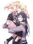  2girls black_choker black_eyes black_hair black_socks blonde_hair carrying carrying_person chain choker cocov commentary_request dot_nose fingernails gradient_hair hair_ornament hairpin highres hoshino_ichika_(project_sekai) jewelry korean_commentary long_hair long_sleeves looking_at_another multicolored_hair multiple_girls necklace no_seek_no_find_(project_sekai) official_alternate_costume open_mouth pink_eyes pink_hair project_sekai sidelocks simple_background smile socks star_(symbol) star_hair_ornament tenma_saki twintails upper_body white_background 
