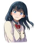  1girl black_hair blue_eyes blush bow closed_mouth commentary_request gridman_universe long_hair long_sleeves looking_at_viewer red_bow school_uniform shirt simple_background solo ssss.gridman st14_kr010 takarada_rikka upper_body 
