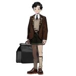  1boy artist_request belt black_belt black_hair black_necktie blue_eyes blush brown_eyes brown_footwear brown_jacket brown_shorts brown_sweater_vest closed_mouth collared_shirt expressionless full_body girls_frontline heterochromia holding holding_suitcase jacket knee_strap loafers long_sleeves looking_at_viewer lucas_(girls&#039;_frontline) male_focus necktie official_art shirt shoes short_hair shorts simple_background socks solo standing suitcase sweater_vest transparent_background white_shirt white_socks 