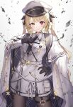  1girl absurdres belt black_gloves black_necktie black_pantyhose blonde_hair closed_mouth coat coat_on_shoulders collar_chain_(jewelry) earrings gloves hat heterochromia highres hoshikawa_sara hoshikawa_sara_(6th_costume) jewelry long_hair looking_at_viewer military_hat military_uniform myske_(myst34415756) necktie nijisanji official_alternate_costume pantyhose peaked_cap red_eyes smile solo star_(symbol) star_earrings thigh_strap twintails uniform very_long_hair virtual_youtuber white_belt white_coat yellow_eyes 