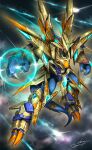  absurdres armor claws clouds commentary_request dark_clouds denjyou23 digimon digimon_(creature) energy_ball full_body gauntlets glint gold_armor helmet highres looking_ahead magnamon_x-antibody no_humans red_eyes shoulder_armor signature solo tail 