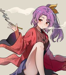  1girl floral_print highres holding holding_smoking_pipe japanese_clothes kimono komakusa_sannyo looking_at_viewer maisuiren ponytail purple_hair purple_skirt red_kimono skirt smoking_pipe solo touhou wide_sleeves 