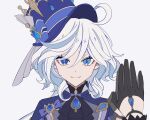  1girl ahoge ascot black_ascot black_gloves blue_brooch blue_eyes blue_gemstone blue_hair blue_headwear blue_jacket closed_mouth cowlick drop-shaped_pupils furina_(genshin_impact) gem genshin_impact gloves hair_between_eyes hat heterochromia highres jacket light_blue_hair looking_at_viewer mismatched_pupils multicolored_hair reflection simple_background smile solo top_hat white_background white_hair yuyouxingx 
