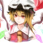  1girl aruto2498 ascot blonde_hair closed_mouth collared_shirt flandre_scarlet frilled_sleeves frills hair_between_eyes hat light_smile looking_at_viewer medium_hair mob_cap multicolored_wings puffy_short_sleeves puffy_sleeves red_eyes shirt short_sleeves solo touhou upper_body white_headwear white_shirt wings yellow_ascot 
