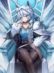  1girl animal_ear_fluff animal_ears black_pantyhose blue_eyes blue_hair braid closed_mouth commission crossed_legs fur-trimmed_jacket fur_trim head_rest highres jacket long_hair original pantyhose penti sitting solo thighs throne 