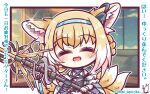  1girl =3 absurdres animal_ear_fluff animal_ears arknights artist_name bare_shoulders benizika black_gloves blonde_hair blue_hairband blush braid braided_hair_rings chibi closed_eyes clothing_cutout colored_tips commentary_request earpiece facing_viewer fox_ears fox_girl fox_tail frilled_sleeves frills gloves hair_rings hairband highres holding holding_staff kitsune kyuubi multicolored_hair multiple_tails open_mouth oripathy_lesion_(arknights) pout short_hair short_sleeves shoulder_cutout single_glove solo staff suzuran_(arknights) tail translation_request twin_braids twitter_username upper_body variant_set white_hair 