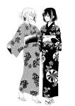 2girls aoba_moca bang_dream! blush closed_eyes commentary_request crossed_arms floral_print greyscale hair_between_eyes japanese_clothes kimono long_sleeves looking_at_another mitake_ran monochrome multiple_girls obi open_mouth sandals sash sen&#039;yuu_yuuji short_hair simple_background toes white_background wide_sleeves yukata