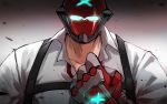  1boy clenched_hand collared_shirt counter:side covered_face faceless faceless_male gauntlets glowing glowing_eyes helmet highres kim_chulsoo red_headwear shirt simple_background solo suspenders x zanlyu 