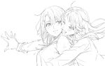  2girls bang_dream! blush breasts commentary_request floating_hair greyscale hair_between_eyes hair_ornament hairclip hug lineart long_hair long_sleeves looking_at_another medium_breasts medium_hair monochrome multiple_girls okusawa_misaki one_eye_closed open_mouth parted_lips sen&#039;yuu_yuuji sidelocks simple_background smile tsurumaki_kokoro white_background yuri 