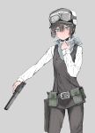  1girl absurdres bandana black_hair black_headwear black_jacket black_pants blue_bandana blue_eyes expressionless fur-trimmed_headwear grey_background gun handgun highres jacket kino_(kino_no_tabi) kino_no_tabi lahti_l-35 long_sleeves looking_at_viewer pants shichisaburo shirt solo weapon white_shirt 