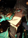  1boy 1eternalstar alhaitham_(genshin_impact) artist_name black_shirt blurry blurry_background close-up collared_shirt crossed_bangs genshin_impact gold_trim grey_eyes grey_hair grey_jacket hair_between_eyes highres holding holding_mask instagram_username jacket looking_at_viewer male_focus mask one_eye_covered portrait shaded_face shirt short_hair sidelocks solo twitter_username watermark 