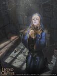  1girl absurdres bed bench blonde_hair blue_dress chain closed_eyes commentary_request copyright copyright_name dress habit highres kneeling legend_of_the_cryptids light logo mouse nun own_hands_clasped own_hands_together praying prison_cell rui_li solo wide_sleeves 