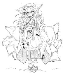  1girl animal_ear_fluff animal_ears apron arknights blush bobby_socks coin_purse commentary_request fox_ears fox_girl fox_tail frilled_apron frills full_body greyscale hair_between_eyes hair_ornament hairband hakama hakama_skirt hand_up highres japanese_clothes kimono kitsune kyuubi long_hair long_skirt long_sleeves looking_at_viewer monochrome multiple_tails n4jikai nose_blush obi official_alternate_costume okobo parted_lips pinwheel platform_footwear pleated_skirt sandals sash simple_background skirt socks solo standing suzuran_(arknights) suzuran_(yukibare)_(arknights) tail waist_apron wide_sleeves 