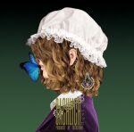 album_cover blonde_hair blue_butterfly bug butaotome butterfly butterfly_on_face collar collared_dress commentary_request cosplay_photo cover dress english_text from_side gradient_background green_background hair_over_eyes hat jewelry lace-trimmed_collar lace-trimmed_headwear lace_trim maribel_hearn mob_cap parted_lips photo_(medium) purple_dress ranko_no_ane short_hair solo touhou upper_body wavy_hair white_collar white_headwear 