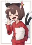  1girl absurdres animal_ear_fluff animal_ear_piercing animal_ears asakura_haru border brown_border brown_hair cat_ears cat_tail chen closed_eyes commentary_request highres holding holding_pillow multiple_tails pajamas paw_print pillow red_pajamas short_hair solo tail tears touhou two_tails white_background yawning 