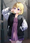  1girl blonde_hair blush bon_(bonbon315) buttons cat_hair_ornament chewing_gum dress hair_ornament hairclip hand_in_pocket hand_up highres jacket long_sleeves looking_at_viewer manicure nail_polish open_clothes open_jacket original purple_dress solo violet_eyes 