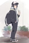  1girl :o backpack bag bang_dream! baseball_cap black_bag black_footwear black_hair black_headwear black_jacket black_pants blue_eyes blush breath commentary_request cup full_body grey_hoodie hair_between_eyes hair_ornament hairclip hand_in_pocket hat holding holding_cup hood hoodie jacket long_sleeves looking_at_viewer looking_back okusawa_misaki open_clothes open_jacket open_mouth outdoors pants sen&#039;yuu_yuuji sidelocks solo standing two-tone_headwear white_headwear 
