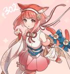  1girl animal_ears artist_name bare_shoulders bell cat_ears cat_tail detached_sleeves fingerless_gloves fire_emblem fire_emblem_fates fire_emblem_heroes floral_print fur-trimmed_sleeves fur-trimmed_thighhighs fur_trim gloves highres japanese_clothes juria0801 looking_at_viewer multiple_tails neck_ribbon nekomata parted_lips pink_eyes pink_hair ribbon sakura_(fire_emblem) sakura_(halloween)_(fire_emblem) short_hair solo striped striped_ribbon tail tail_bell tail_ornament thigh-highs white_thighhighs 