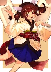  1girl ahoge arm_up blade blue_skirt blush brown_hair feet_out_of_frame fuji_tarawi headgear highres japanese_clothes kimono kiritanpo_(food) looking_to_the_side obi open_mouth red_eyes sash short_hair short_kimono skirt smile solo touhoku_kiritan twintails two-tone_background voiceroid white_kimono wide_sleeves 