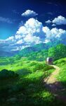  blue_sky bush carriage clouds commentary cumulonimbus_cloud cyclecircle dappled_sunlight day dirt_road english_commentary fence flower forest grass highres horse landscape mountain nature no_humans original outdoors purple_flower road rock rural scenery sky sunlight town tree wooden_fence 