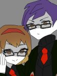  1boy 1girl black_sweater brown_hair closed_mouth collared_shirt glasses hairband krmnr170 lobotomy_corporation looking_at_viewer malkuth_(project_moon) necktie project_moon purple_hair red_hairband red_necktie shirt simple_background smile sweater yellow_eyes yesod_(project_moon) 