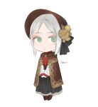  1girl artist_name ascot black_dress bloodborne bonnet brown_cape brown_footwear cape chibi dress expressionless full_body green_brooch green_eyes jdori looking_at_viewer own_hands_together plain_doll red_ascot signature simple_background solo standing white_background white_hair 