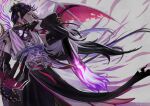  1boy beads black_gloves black_hair closed_mouth demon_wings detached_sleeves eyelashes fingernails gloves grey_background highres long_hair male_focus multicolored_hair nijisanji nijisanji_en paper_doll prayer_beads sharp_fingernails shirt shu_yamino solo tebeneme3 violet_eyes virtual_youtuber white_shirt wide_sleeves wings 