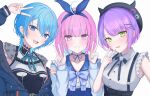  3girls blue_eyes blue_hair blunt_bangs colored_inner_hair demon_girl ear_piercing gradient_hair green_eyes hair_between_eyes hair_ornament highres hololive hoshimachi_suisei hoshimachi_suisei_(3rd_costume) minato_aqua minato_aqua_(5th_costume) multicolored_hair multiple_girls nolc open_mouth piercing pink_hair purple_hair short_hair smile star_(symbol) star_in_eye startend_(hololive) streaked_hair swept_bangs symbol_in_eye teeth tokoyami_towa tokoyami_towa_(3rd_costume) violet_eyes virtual_youtuber white_background x_hair_ornament 