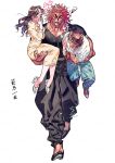  1girl 2boys akezawa_emi black_pants black_shirt blush carrying carrying_person carrying_under_arm closed_eyes cndncndncndn covering_mouth dress family father_and_son grappler_baki hanma_baki hanma_yuujirou heart heart-shaped_pupils highres husband_and_wife looking_at_another mother_and_son multiple_boys muscular muscular_male pants shirt simple_background squiggle symbol-shaped_pupils tall tall_male veins veiny_arms veiny_face veiny_neck walking white_background yellow_dress 