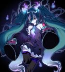  1girl aqua_hair bare_shoulders black_thighhighs dupu ghost ghost_miku_(project_voltage) glitch gradient_hair grey_shirt hair_between_eyes hatsune_miku highres long_hair multicolored_hair necktie pale_skin pokemon project_voltage shirt skirt sleeves_past_fingers sleeves_past_wrists thigh-highs very_long_hair vocaloid will-o&#039;-the-wisp_(mythology) yellow_eyes 
